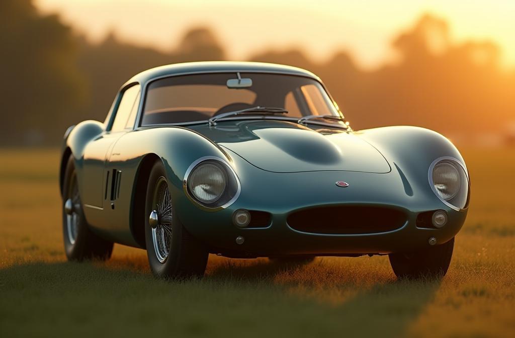 Perfectly restored classic car bathed in golden light