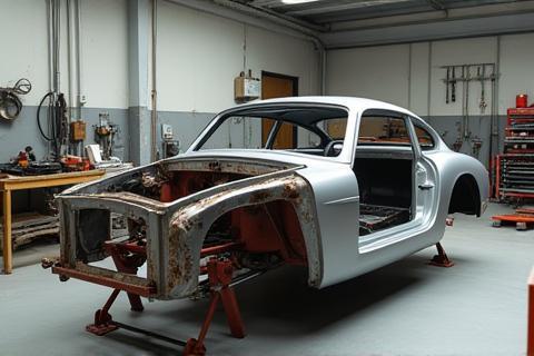 Frame of a classic car undergoing body-off restoration